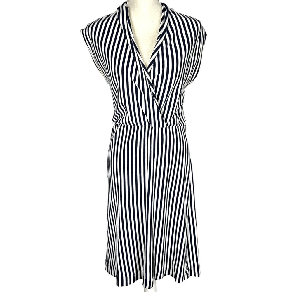 Saturday Sunday Anthropologie Blue White Stripe Wide Shoulder Knee Length Dress - Picture 1 of 11